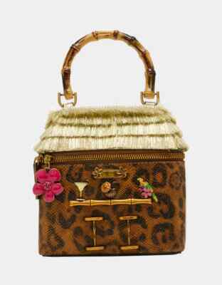Betsey Johnson Kitsch Tiki Chic Bar Thatch Roof Leopard Printed Mini Crossbody