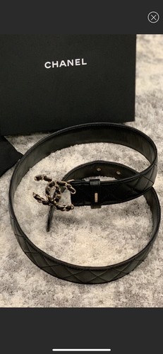 CHANEL NEW QUILTED BLACK LEATHER BELT WITH CC LOGO GOLD BUCKLE Sz 110 - Picture 9 of 21