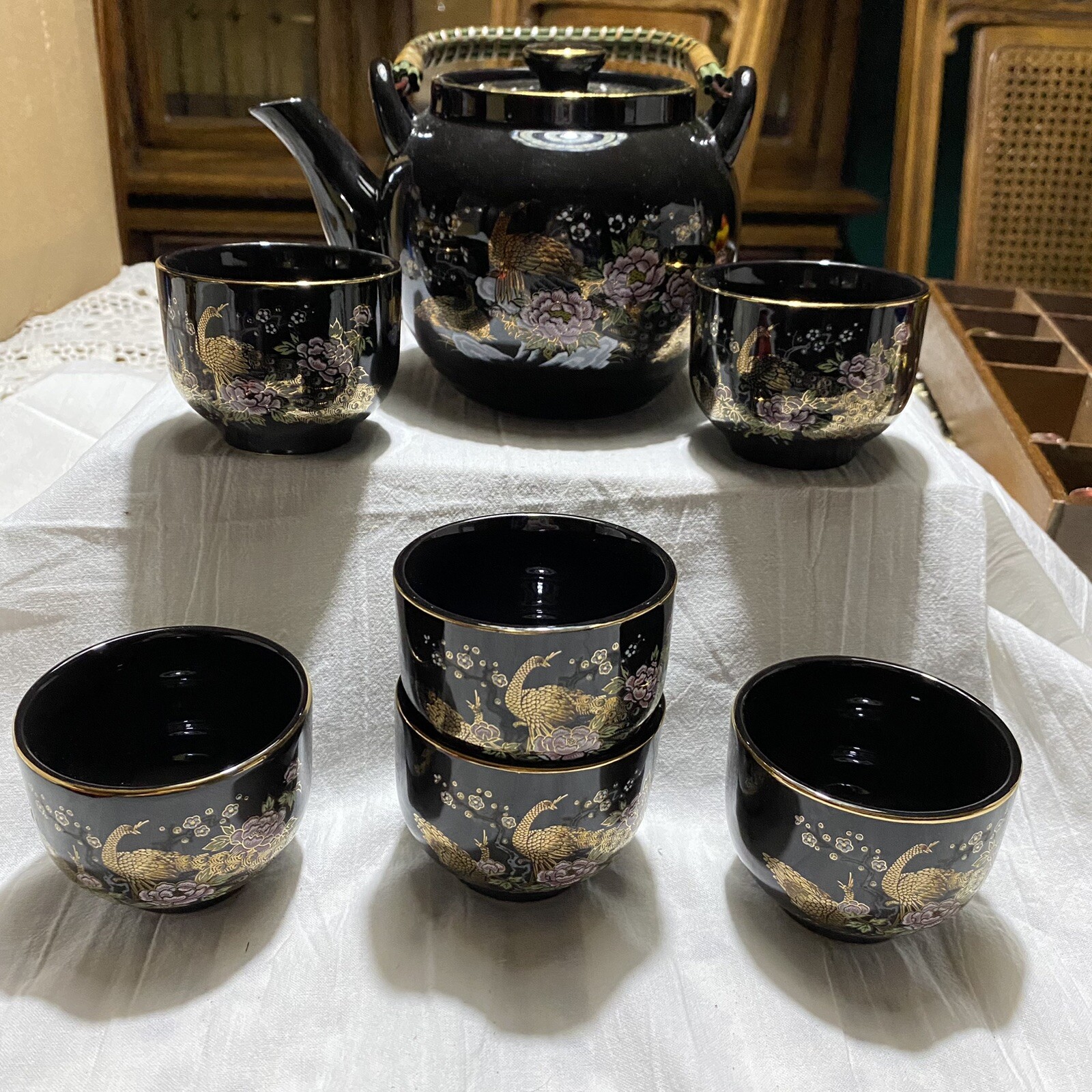 Vintage OMC Japan Teapot Set 6 Tea cups Black Gold Peacocks Saki Christmas Gift