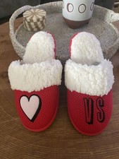 Victoria Secret Soft Red  White Fur Lined Slippers Heart  VS Logo Size S