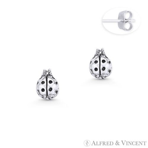 Ladybug Insect Lady-Luck Charm Stud Earrings Oxidized .925 Sterling Silver Studs - Afbeelding 1 van 1