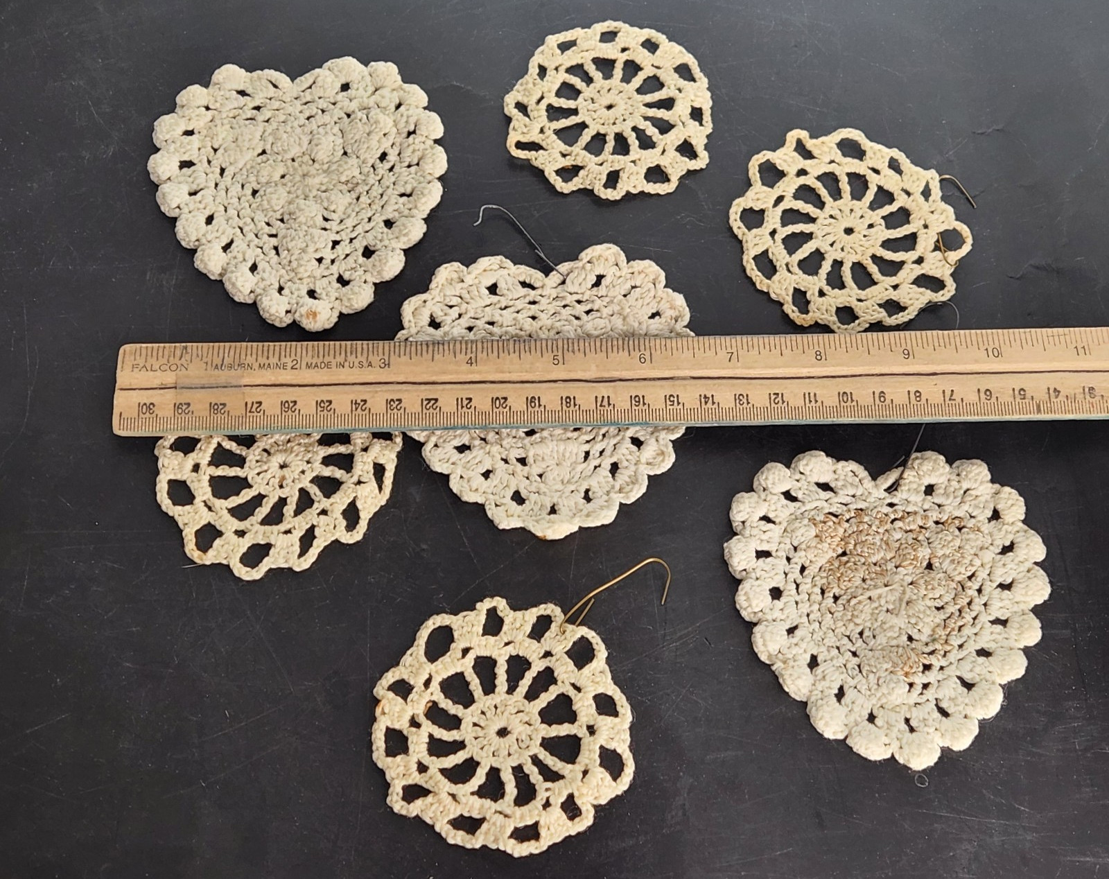 7 Vintage Tatted Knitted Christmas Ornaments 3 Hearts (3.5") & 4 Snowflakes (3")