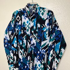 Vintage Wrangler Shirt Mens 15.5 33 Blue Cowboy Cut X-Long Tails Aztec USA