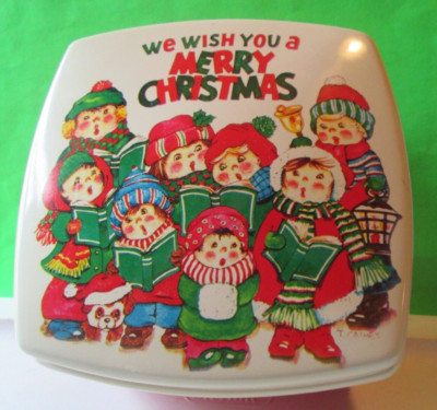 VTG HOLIDAY Cookie Container CAROLING We Wish You A Merry Christmas T CATHY USA