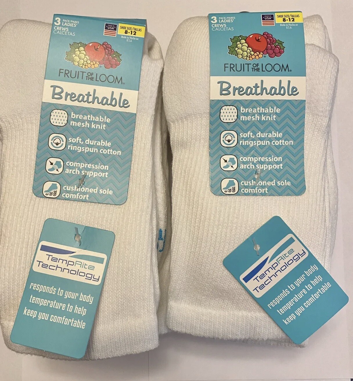 Fruit of the Loom 6 Pairs Ladies White Crew Socks 3pk Women's Size 8-12 ...