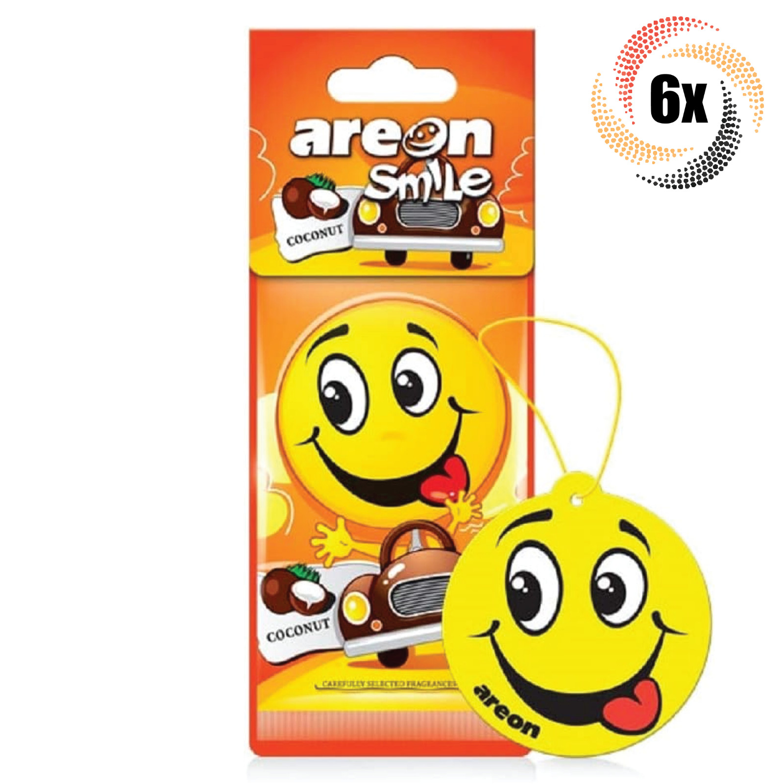 6 упаковок подвесного освежителя воздуха AREON Smile Funny Car Emoji с ароматом кокоса 2390₽