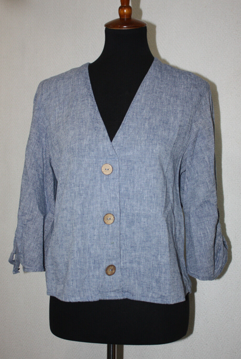 ZARA S Blue Linen Blend Woven V-Neck Tunic 3/4 Sleeve Faux Button Front Pullover