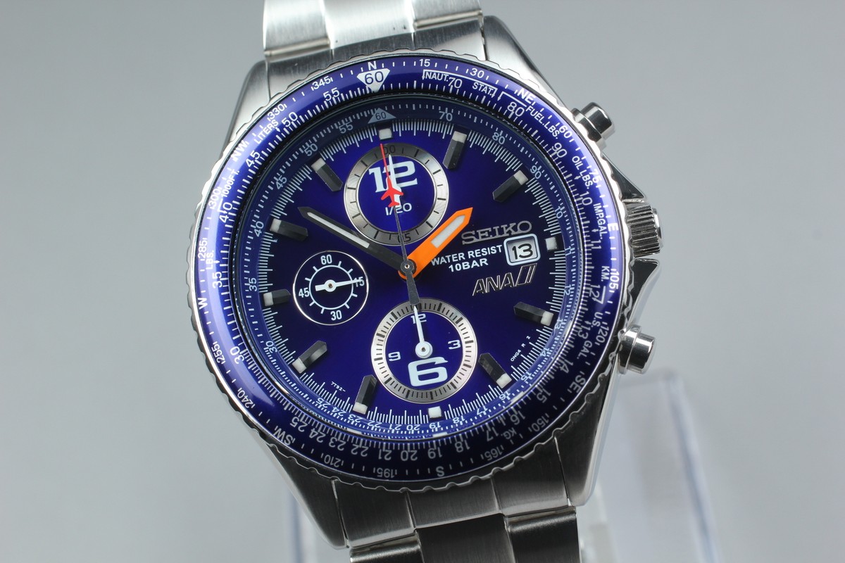 稼働 SEIKO ANA 腕時計 7T92-0CF0 フライトマスター 1784 SEIKO 7T92-0CF0 Flightmaster Pilot Chronograph Vintage Watch