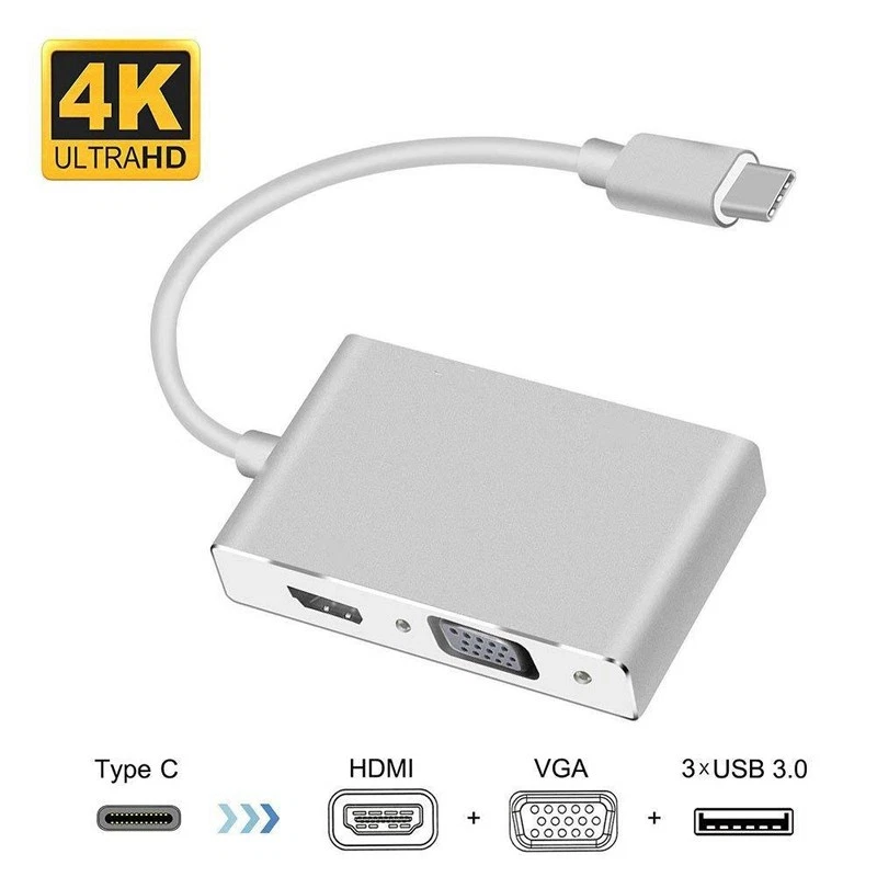 5in1 Type C to HDMI VGA USB 3.0 HUB Video Adapter 4Kx2K For Apple Macbook to TV - Image 4 of 4