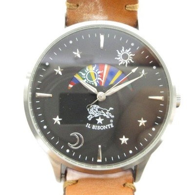 IL BISONTE Sonne & Mond Uhr schwarzes Zifferblatt Lederarmband silber aus Japan