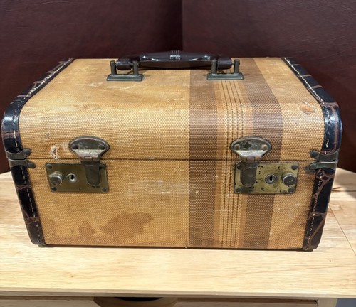 Train Case Twead Covered Wood Leather Trim Inside Stripped Down Read
