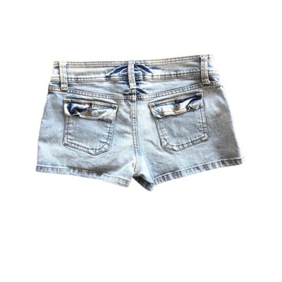 Y2K Light Wash Booty Jean Shorts No Boundaries Low Rise Button Flap Back Pockets
