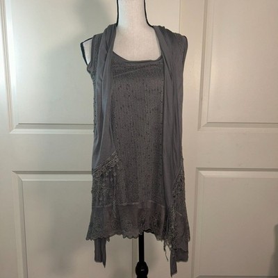 NWOT Indigo Thread Co Two-Piece Lace Sequin Layered Tank & Open Vest Size L