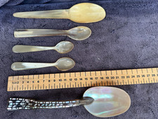 4 Antique Ox Horn Carved Spoons & One Mother of Pearl Inlaid Horn Spoon