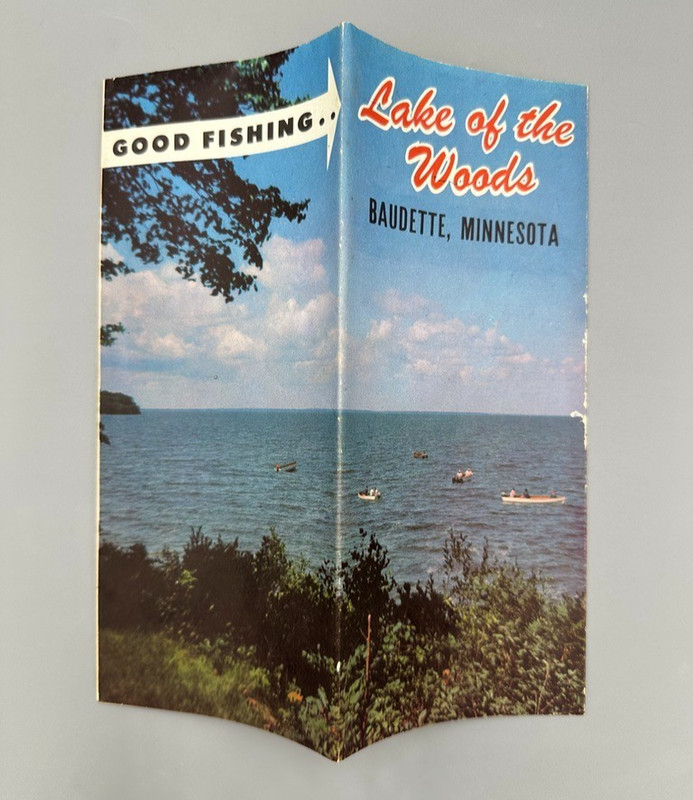 1958 LAKE of the WOODS - BAUDETTE MINNESOTA Travel Brochure MAP Vintage FISHING