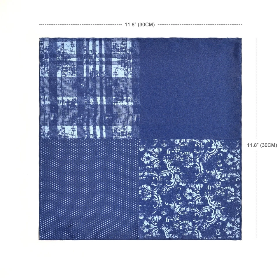 Men's 100% Silk Blue Multi-Pattern Plaid Dot Geometric Pocket Square Scarf 11.8" - Image 2 of 4
