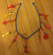 VINTAGE 1980’S BELL CLIP CHARM NECKLACES 80’S, 10 charms blue chain white clasp 