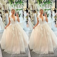 Elegant Wedding Dresses V Neck Sleeveless Flower Appliques A Line Bridal Gowns
