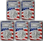 Lot 5 Coins 2024 Silver Eagle $1 MS 70 NGC American Flag Core, Eagle Label