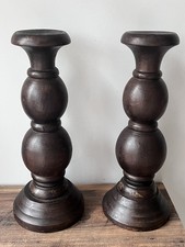 Pair Chunky Turned Dark Wood Pillar candle stand Candlestick Holders 35.5cm High