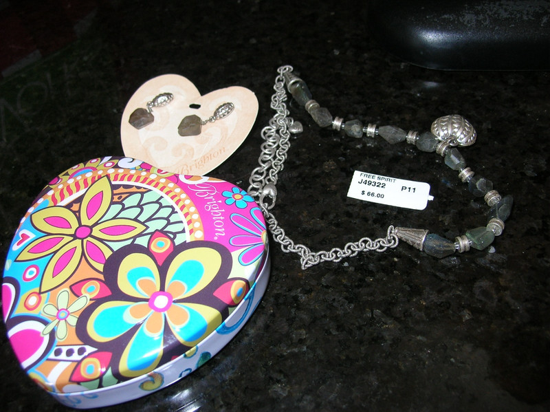Brighton Free Spirit Earrings Necklace Gray Stone Tin Box Heart