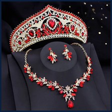 Luxury Bride Crown Jewelry Sets for Women Red Tiaras and Necklace Earrings