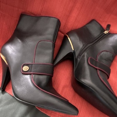 Nine West Black Burgundy Ankle Bootie Leather Stiletto Zip Button 7.5