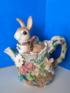 Fitz & Floyd Woodland Spring Bunny Teapot Easter Floral Cottage Core W/ CHIP