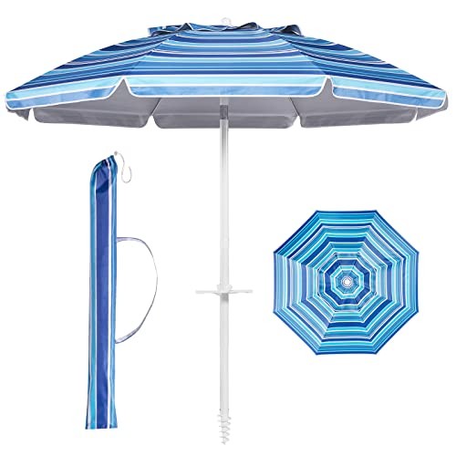  Beach Umbrella with Tilt Pole, Portable Sand Anchor and 6.5
