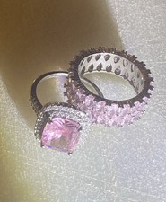 Pink CZ Halo Statement Ring Matching Eternity Band Set Size 7