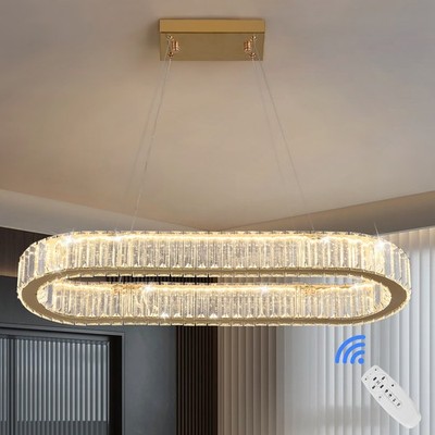 LED Kristall Kronleuchter Dimmbar Pendelleuchte Golden Deckenlampe Fernbedienung