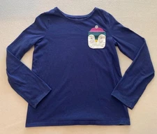 Jumping Beans T-Shirt Girls Size 10 Blue Penguin Pocket Crew Neck Long Sleeve