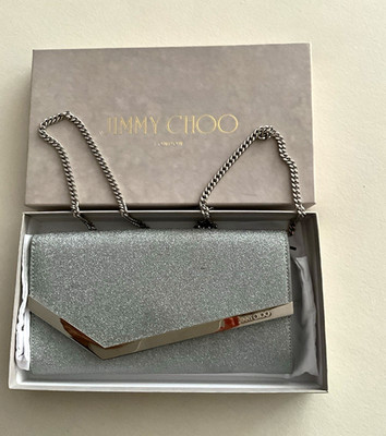 Jimmy Choo Silber Glitzer Clutch, rechteckig, Kettenriemen, inkl. Box & Beutel