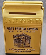 Vtg 1960 First Federal Savings of Detroit Plastic Give Away Promo Bank In YELLOW