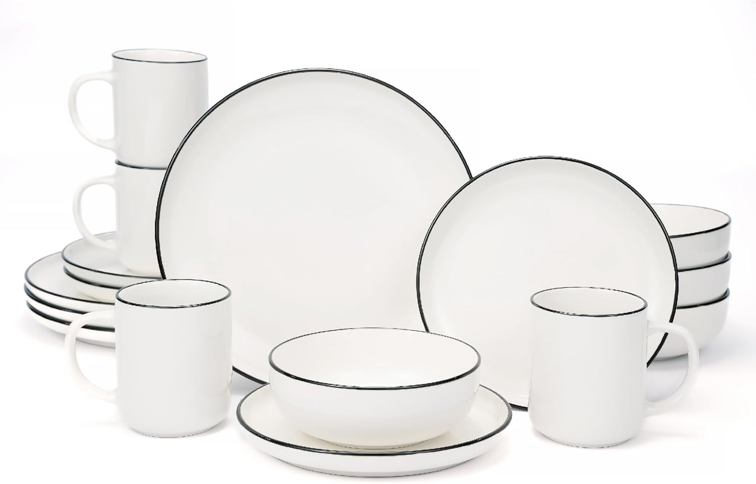 For 4 With Mugs, White Stoneware Plates And Bo