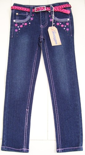 Wallflower Girl 2 Pc Heart Flowers Skinny Leg Denim Blue Jeans and Belt Sz 5