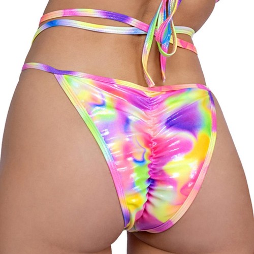 Pantalones Cortos Brillantes Correas Cruzadas Anillos O Espalda Fruncida Multicolor Arco Iris 6469 - Imagen 2 de 5