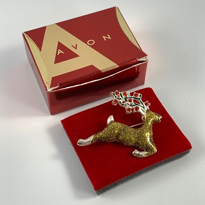 VIntage Avon Glitter Holiday Reindeer Cheer Pin Lapel Pin 