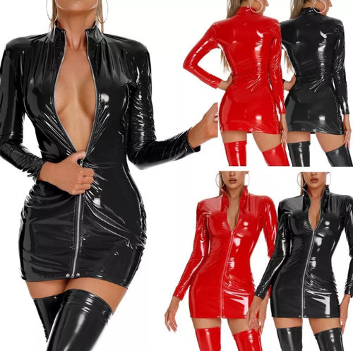 Damen Lackleder Bodycon Kleid Stehkragen Wetlook Minikleid Halloween Clubwear - 第 1/28 張圖片