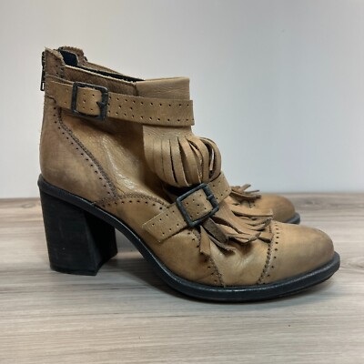 Free People Womens Brown Fringe Kiltie Boot US 38 7 Zip Block Heel Ankle Bootie