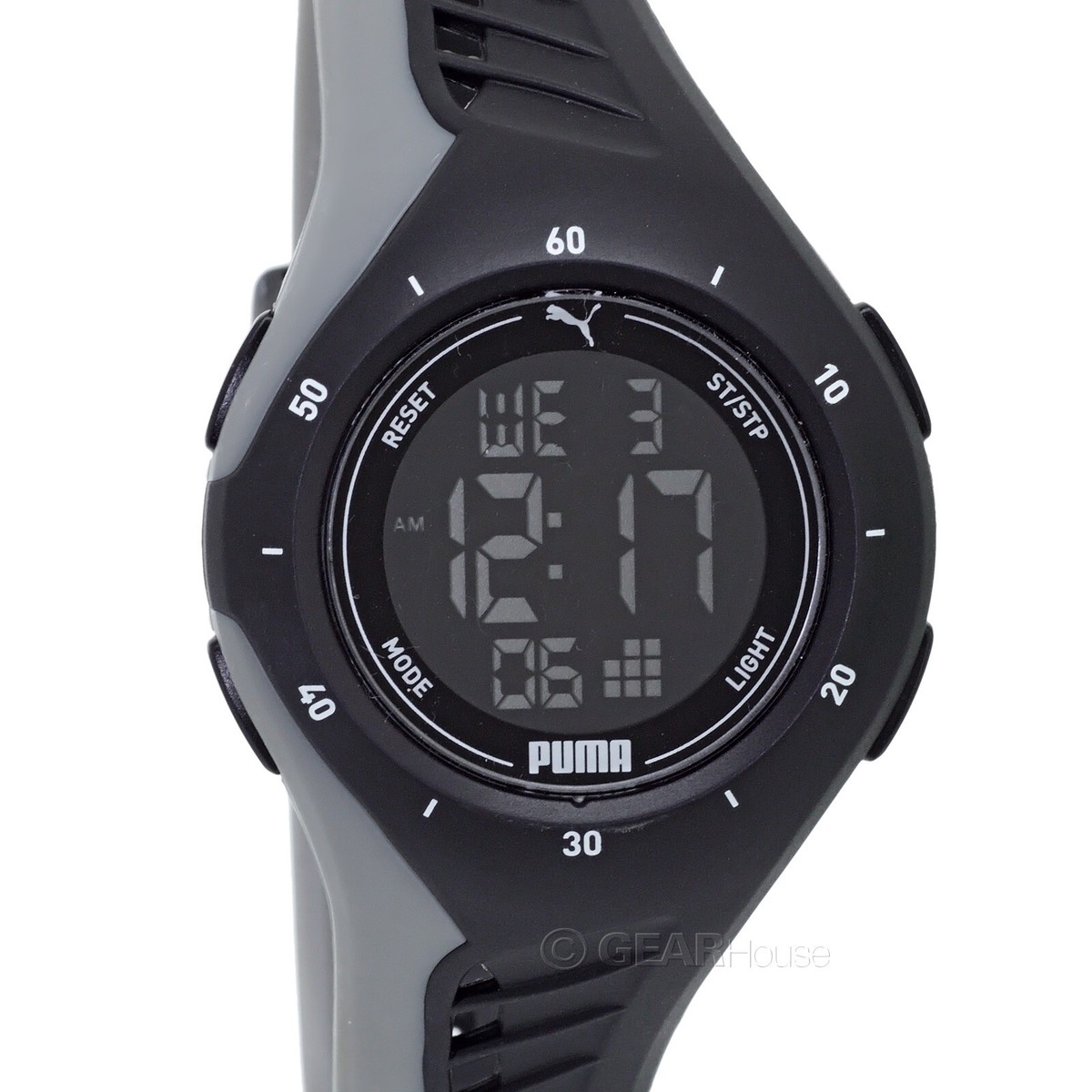 PUMA Womens Digital LCD Sports Watch, Black Gray Band, Day Date