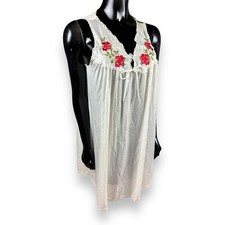 Vtg Lorraine Embroidered Rose Short Nightgown Ivory Cream Lace Trim USA Sz M