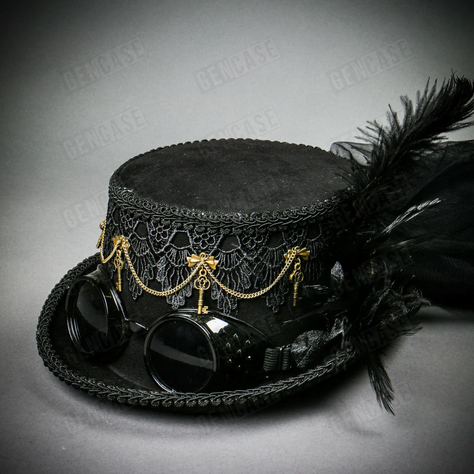 Black Steampunk Burning Man Women Top Hat with Goggles and Lace Party Head Gear - Image 2 of 4