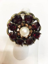 New Women's Large Red Crystal Faux Pearl Bronze Stretch Band Statement Ring