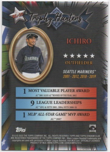 Ichiro 2022 TOPPS STADIUM CLUB CHROME Trophy Hunters #RL-25 Mariners - Picture 2 of 2