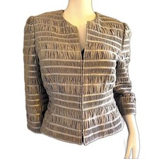 Carmen Marc Valvo Silver Rusched Zippered Evening Jacket women s med