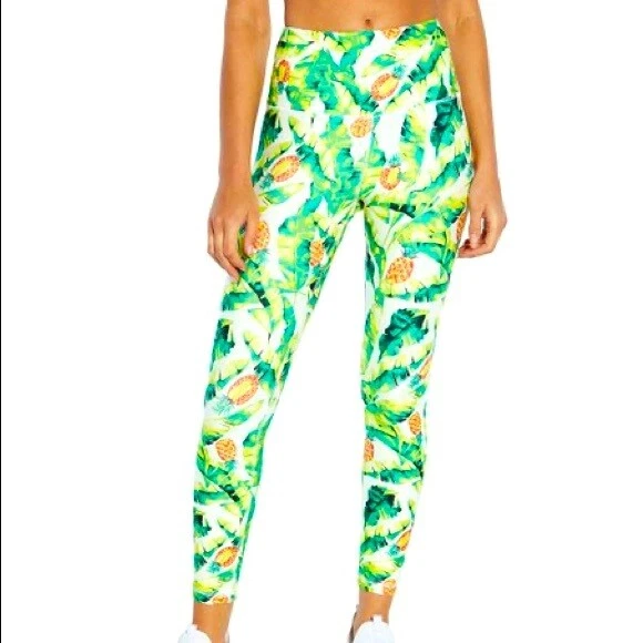NWT Wild Fox Yoga Pants S Crop Leggings Green Palms Pinas Pineapple Compression - Image 2 of 4