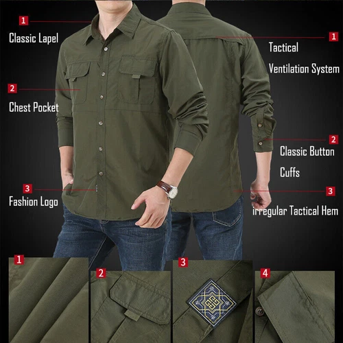 Mens Quick Dry Long Sleeve Shirts Breathable Hiking Work Military Army Shirt Top - Picture 15 of 38