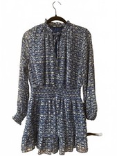 Zara Blue Patterned Long Sleeve Mini Dress with Smocked Waist