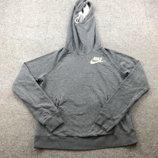 Nike Hoodie Womens Medium Gray Pullover Sweatshirt Swoosh Logo Funnel Neck